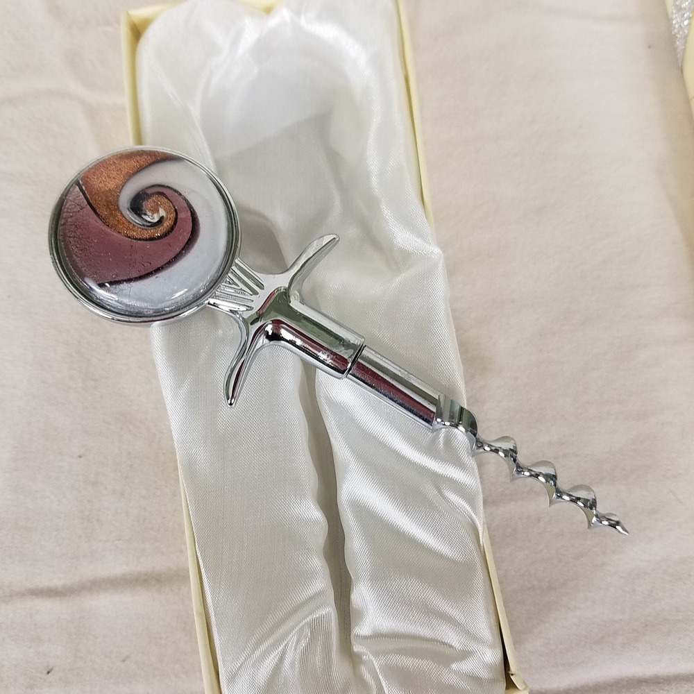 Arte Murano By D'Moda Wine Corkscrew Silver New Glass Swirl Handcrafted 5in